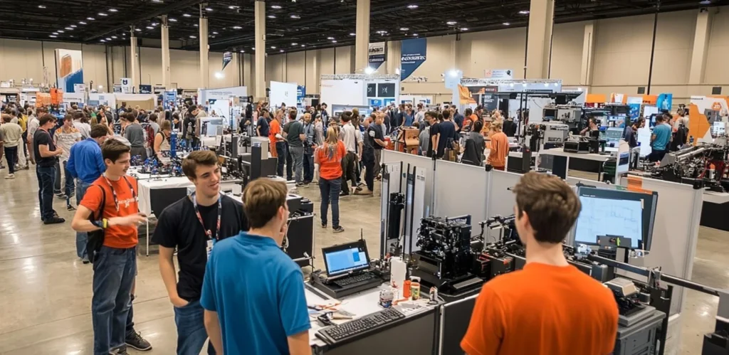 Crowd of attendees exploring booths and technology exhibits at a leading tech expo.