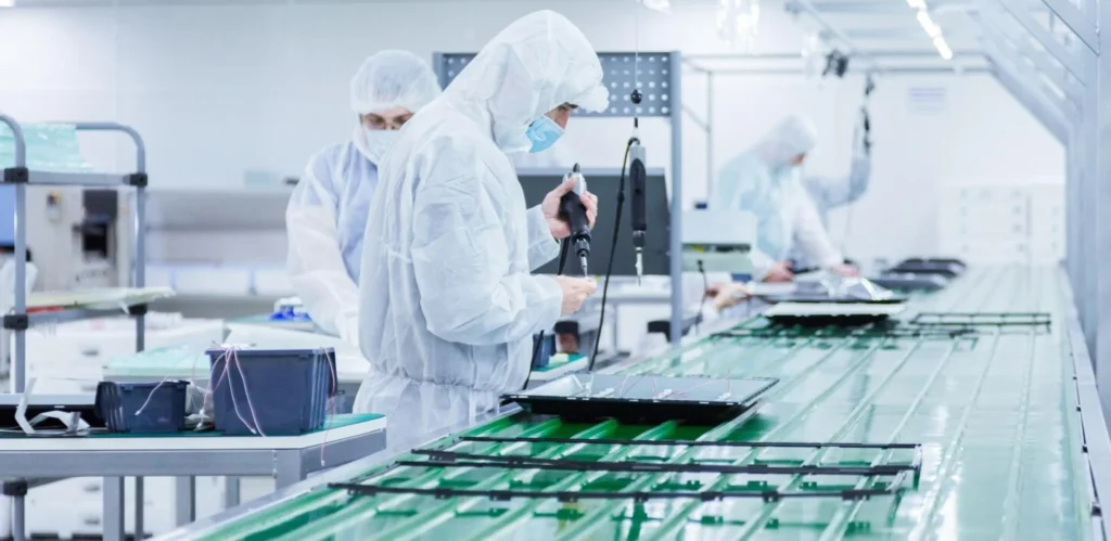 Healthcare workers in protective gear assembling medical devices on a production line.