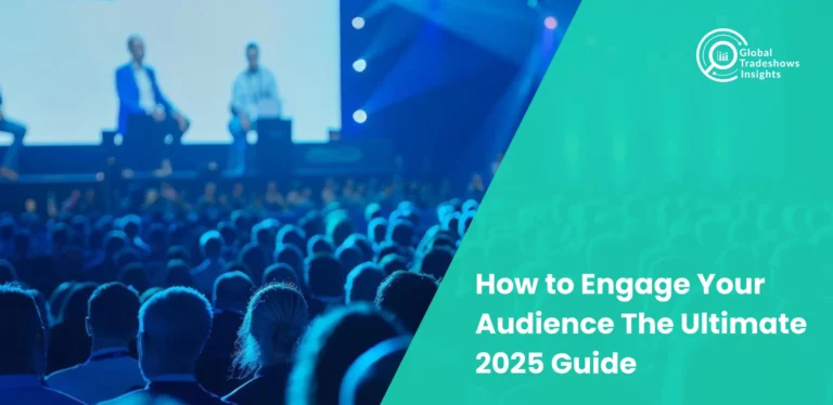 Audience listening to speakers on stage at a conference with text overlay: How to Engage Your Audience The Ultimate 2025 Guide.
