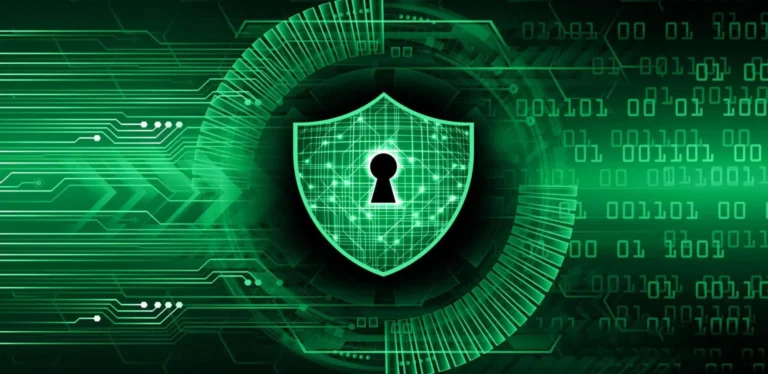 Digital green shield with a lock icon symbolizing cybersecurity and data protection.