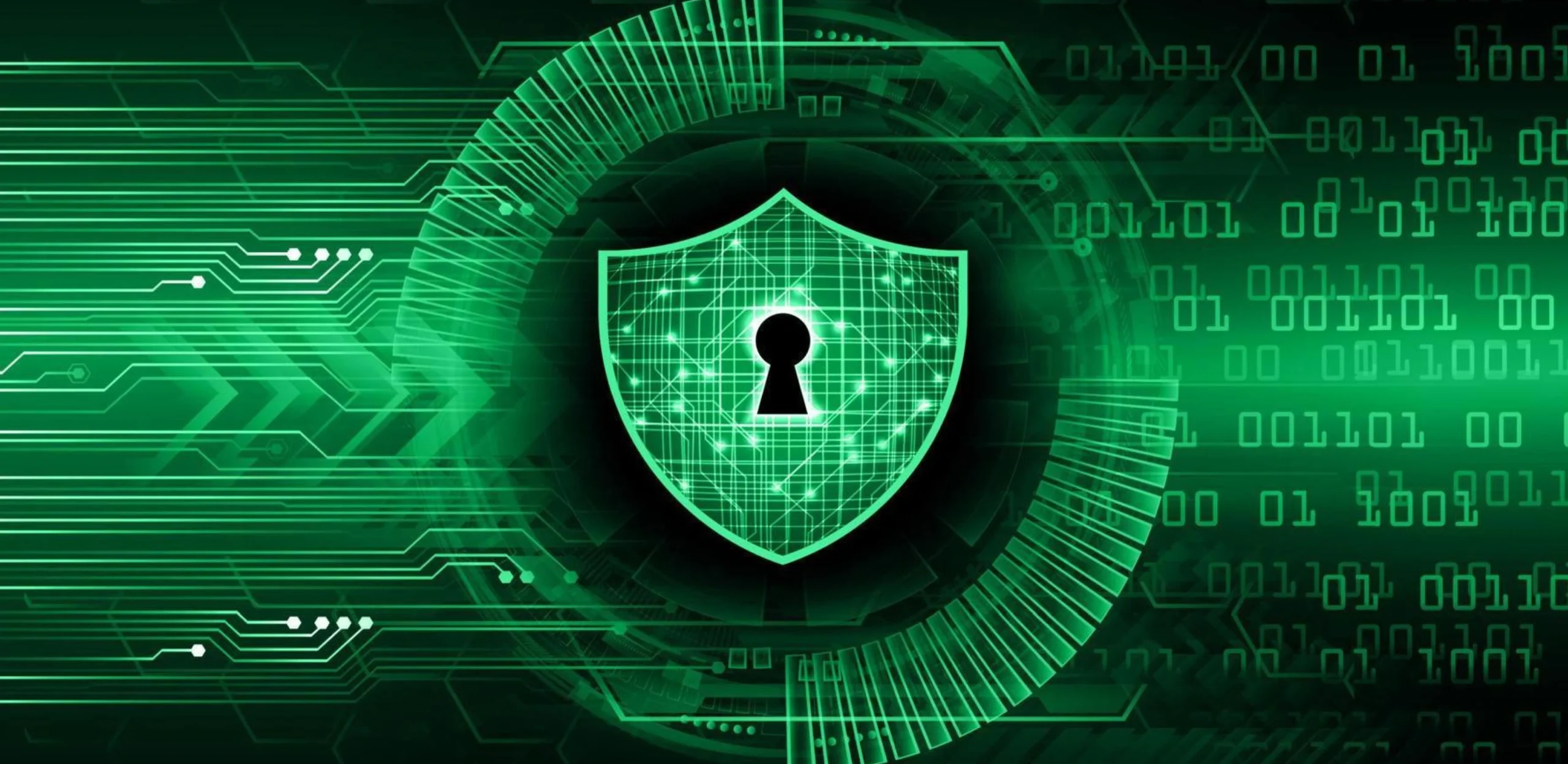 Digital green shield with a lock icon symbolizing cybersecurity and data protection.