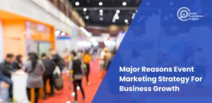 Trade show exhibition with blurred booths and attendees, text overlay: Major Reasons Event Marketing Strategy For Business Growth.