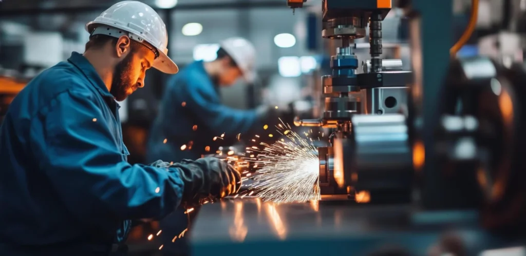 Industrial worker in protective helmet welding metal machinery, creating sparks in a factory setting.
