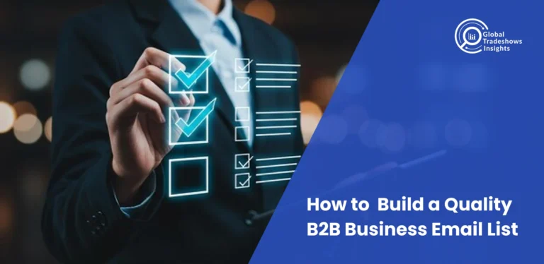 Marketing team planning email strategy with laptops and reports, text overlay: How to Build a Quality B2B Business Email List.