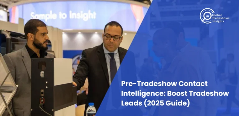 Two professionals interacting at a tradeshow booth, showcasing equipment or solutions. The overlay text reads “Pre-Tradeshow Contact Intelligence: Boost Tradeshow Leads (2025 Guide)” with the Global Tradeshows Insights logo on the top right.
