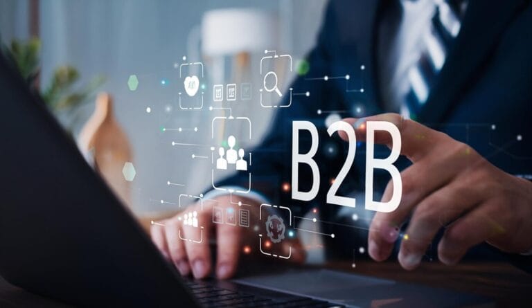 Business professional interacting with a virtual B2B interface, symbolizing business-to-business networking, data flow, and digital marketing strategies.