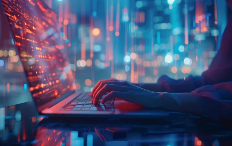 Close-up of hands typing on a laptop with glowing data streams and digital code, representing data enrichment, analytics, and advanced technology services.