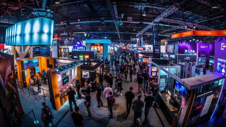Wide-angle view of a bustling trade show or expo floor with various colorful booths, digital displays, and attendees engaging with exhibitors.