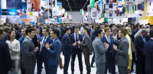 Crowded trade show floor with business professionals networking, representing booth traffic, B2B lead generation, and event marketing strategies.
