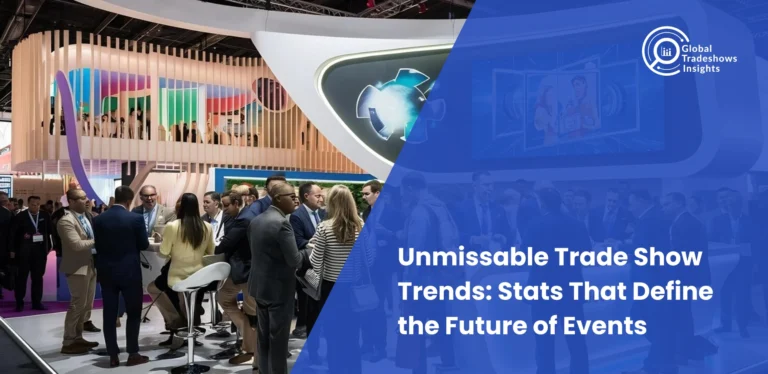 Crowds networking at a modern trade show booth with digital displays, representing Global Tradeshows Insights and highlighting key trade show trends and statistics.