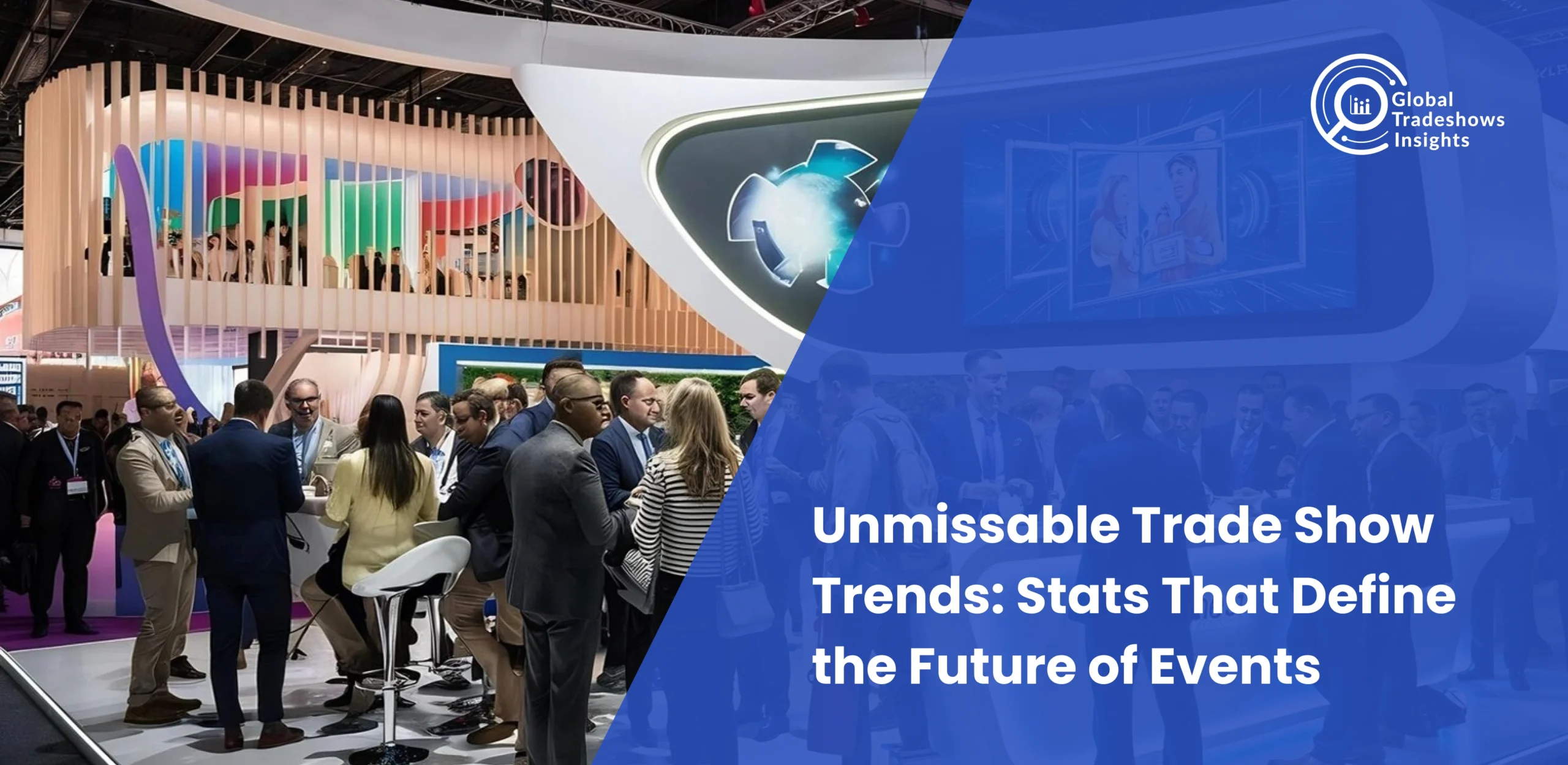 Crowds networking at a modern trade show booth with digital displays, representing Global Tradeshows Insights and highlighting key trade show trends and statistics.